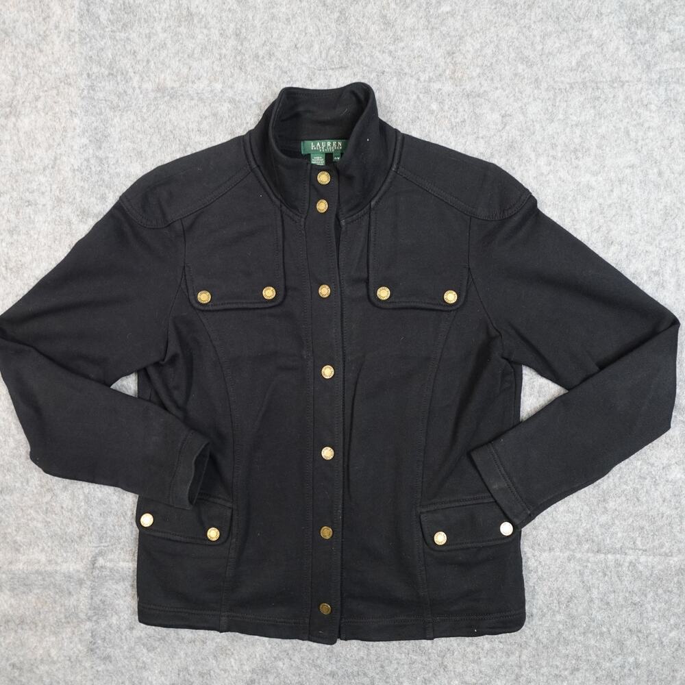 Ralph Lauren Jacket Womens Medium Petite Army Military‎ Brass Button Coat Black